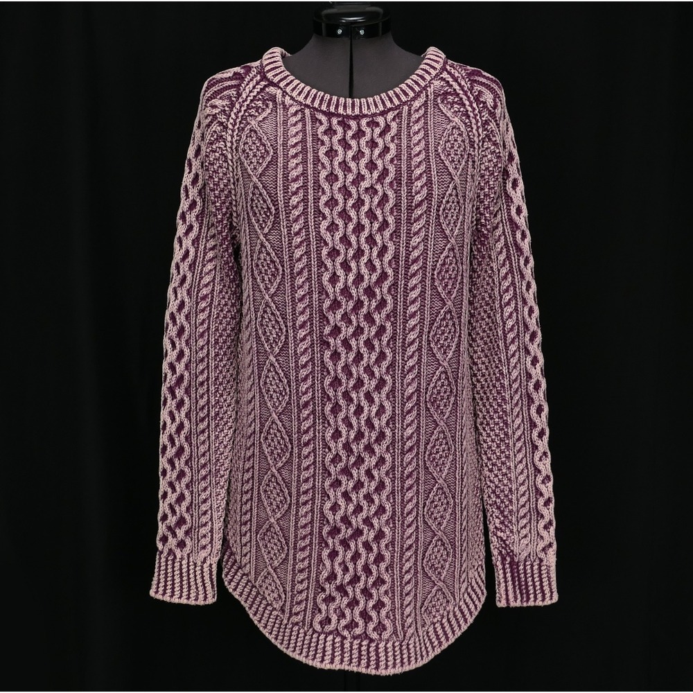 LL Bean Signature Small Plum Rustic Cable‎ Knit Fisherman Sweater Marled Cotton